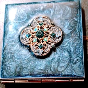 Dark Turquoise Makeup Mirror Blue Rhinestone Flower Design Pattern Compact